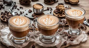 Cappuccino in glass cups. AI generation. photo