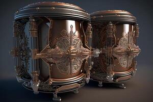 Two small drums in a macro shot with unusual small details are carved from precious metal and beautifully frescoed on a dark background. ai generation photo