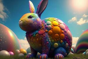 Easter rainbow bunny against the blue sky with bright multi-colored eggs around. ai generation photo