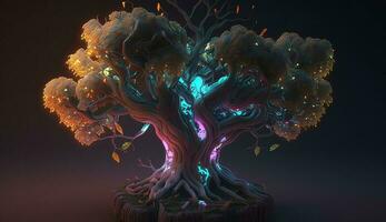 Glowing from the inside Bonsai with a unique shape that goes beyond the monitor. ai generation photo