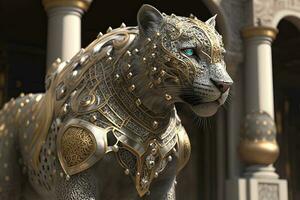 A wild cat with blue eyes stands in golden armor against the background of the palace. ai generation photo