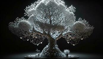 Black and white bonsai with many details and a unique shape that goes beyond the monitor. ai generation photo