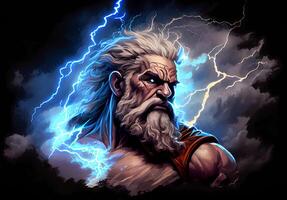 portrait of Zeus against the background of clouds and lightning. photo