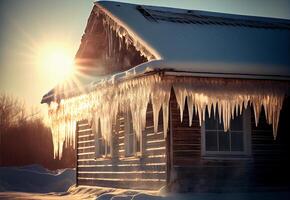 icicles on the roof of a private house in winter. photo