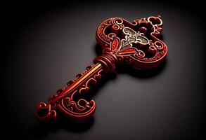 a red carved key lies on a table against a dark background. photo