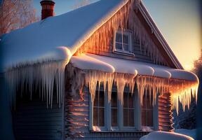 icicles on the roof of a private house in winter. photo