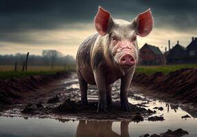 a young pig stands in the mud with a puddle. photo