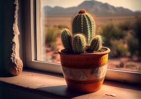 a green cactus in a ceramic pot stands on a windowsill. photo