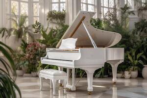 musical instrument white piano in the interior. photo