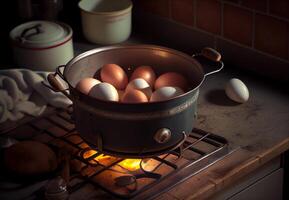 boil eggs in a pan in the kitchen. photo