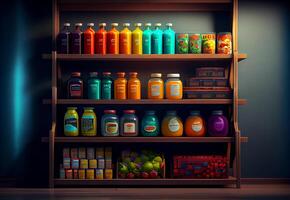 shelf with products in the store. food supplies. photo