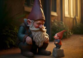 an old garden gnome sits in the fields and talks to a small creature. photo