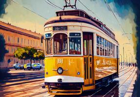 yellow tram on the street watercolor. photo