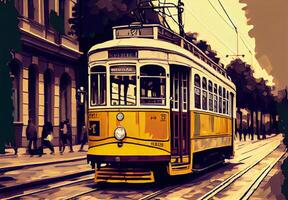 yellow tram on the street watercolor. photo