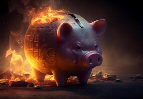 pink pig piggy bank is lit. financial crisis. monetary inflation. photo