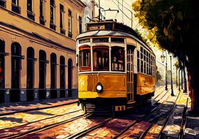 yellow tram on the street watercolor. photo