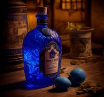 azul botella de alcohol en el mesa. ai generado foto