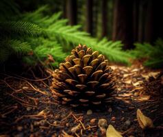 a pine cone lies on the ground in the forest. photo