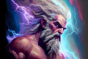 portrait of Zeus against the background of clouds and lightning. photo