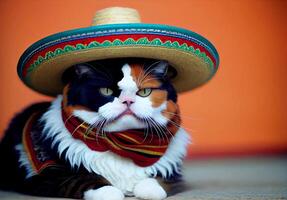 cat in a mexican hat on a uniform background. ai generated. photo