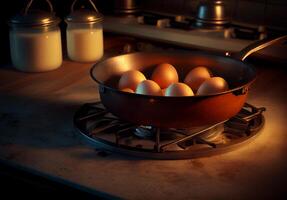 boil eggs in a pan in the kitchen. photo