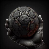 a man holds a ball in his hand for the game. photo