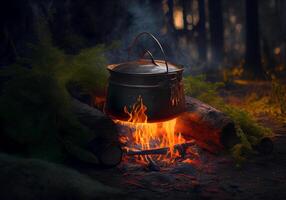 cocinar en un maceta en un fuego en el bosque. ai generado foto