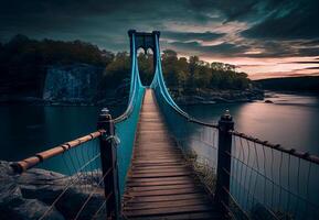 hanging wooden bridge across the river. photo