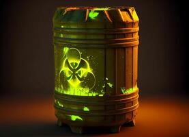 barrel with nuclear fuel on a dark background. photo