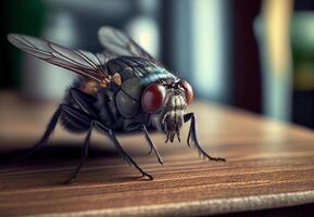 house fly sits on a wooden table. photo