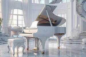 musical instrument white piano in the interior. photo