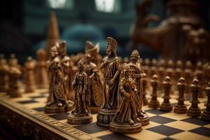 wooden carved chess pieces on a chessboard. photo