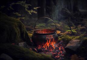 cocinar en un maceta en un fuego en el bosque. ai generado foto