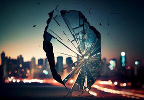 broken glass on the background of the city. . photo