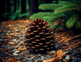 a pine cone lies on the ground in the forest. photo