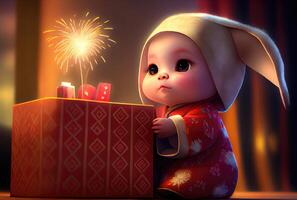 Baby with bunny hat and Chinese clothes opening gift with pop-up fireworks. New year and Christmas festival concept. photo