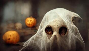 Spooky ghost face with pumpkin lantern in Halloween party background. photo