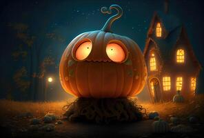 Cute Jack O Lantern pumpkins in the Halloween party at spooky black forest background. Horror and mystery concept. photo