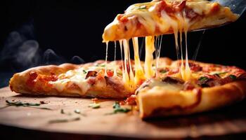 Slice of hot large cheesy pizza crust topping with sausage meat sauce ham bell pepper vegetables and ham on wooden board with smoke melting cheese. Delicious tasty Italian food concept. photo