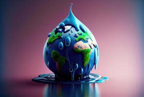 Earth in water drop shape dropping on the ground background. Environment and World savings concept. Digital art illustration. photo