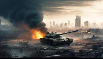Battlefield with soldiers and tanks among collapsed buildings and fires in the big city. War and battle concept. photo