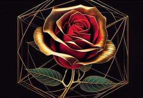 Red rose with geometric golden frame drawing line background. photo