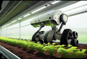 Robot farming harvesting agricultural products in greenhouse. Innovative futuristics technology and 5G smart farming concept. photo