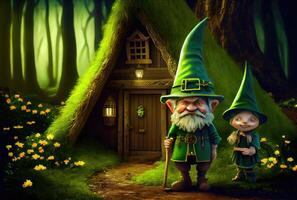 Dwarf elf in the magical forest with green vintage hut background. photo