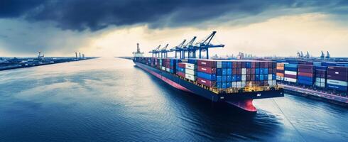 Container ship carrying container boxes import export dock with quay crane. Business commercial trade global cargo freight shipping logistic and transportation worldwide oversea concept. photo