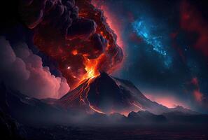 The volcano erupted with hot lava and black smoke covering the sky. Nature and disaster concept. photo