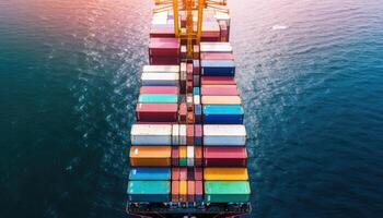 Container ship carrying container boxes import export dock with quay crane. Business commercial trade global cargo freight shipping logistic and transportation worldwide oversea concept. photo