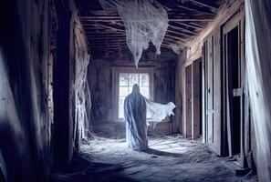 escalofriante tela fantasma en el abandonado obsesionado casa antecedentes. Víspera de Todos los Santos y horror concepto. generativo ai foto
