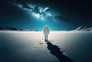 espalda ver de astronauta con Luna en el exterior espacio antecedentes. personas y Ciencias tecnología concepto. digital Arte ilustración tema. generativo ai foto