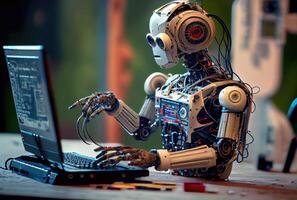 Robot learning by itself. Machine learning and Artificial intelligence concept. Self-learning innovation theme. photo